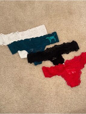 PINK Victoria Secret Lace Thong Panties - Red, Black, Teal & White 4pk Size S